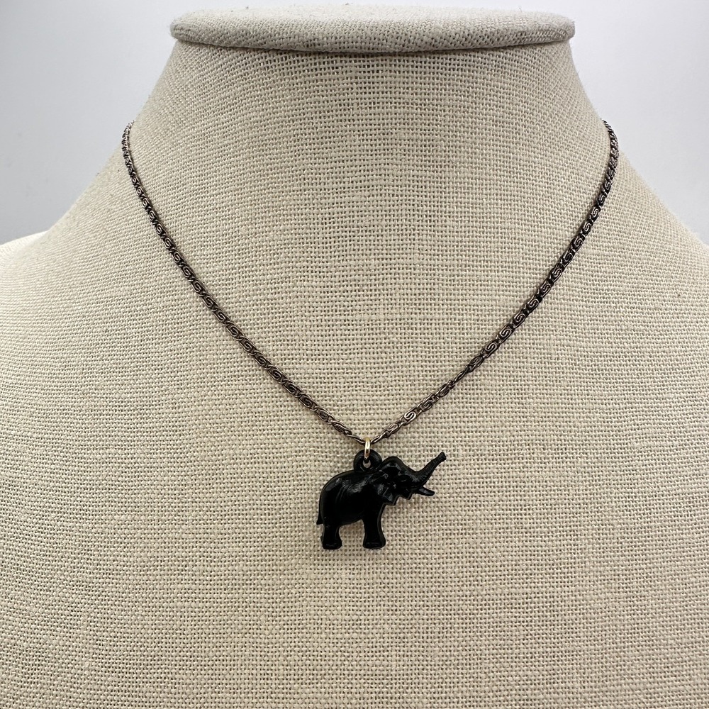 Vintage 90s Black Elephant Pendant Necklace Silver Tone Women's Jewelry